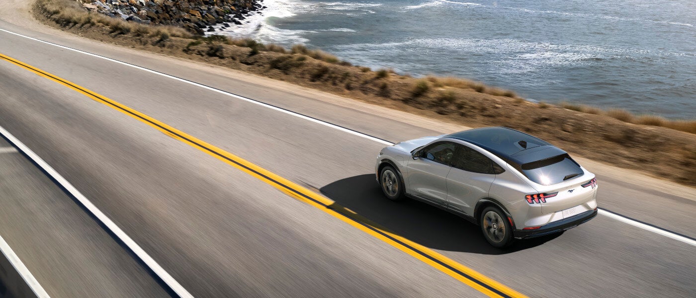 2025 Ford Mustang Mach-E Exterior Driving Seaside Birds Eye View